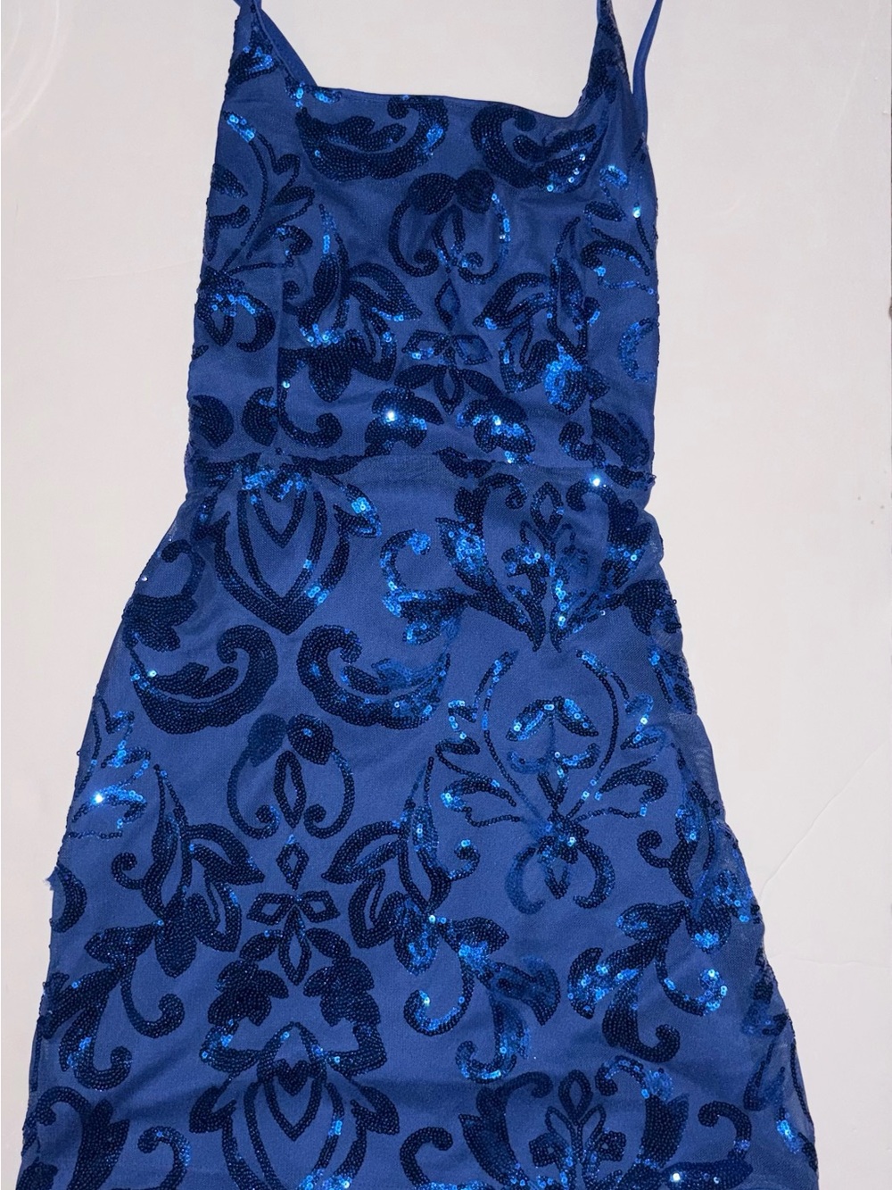 Blue Sequin Patterned Spaghetti Strap Dress